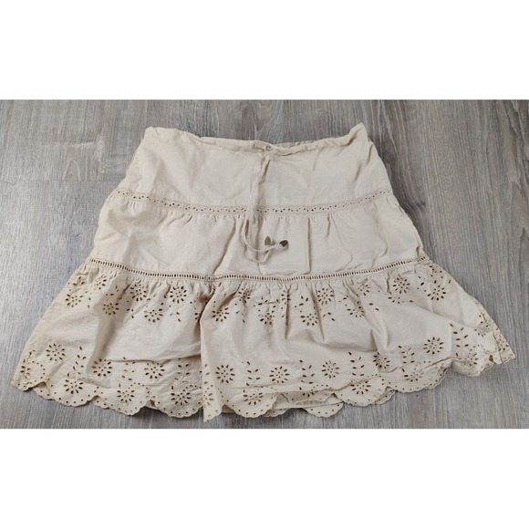 American Eagle Outfitters Dresses & Skirts - American Eagle‎ Skirt 2 Womens Tan Eyelit Boho Cottagecore Scalloped Hem Leaf